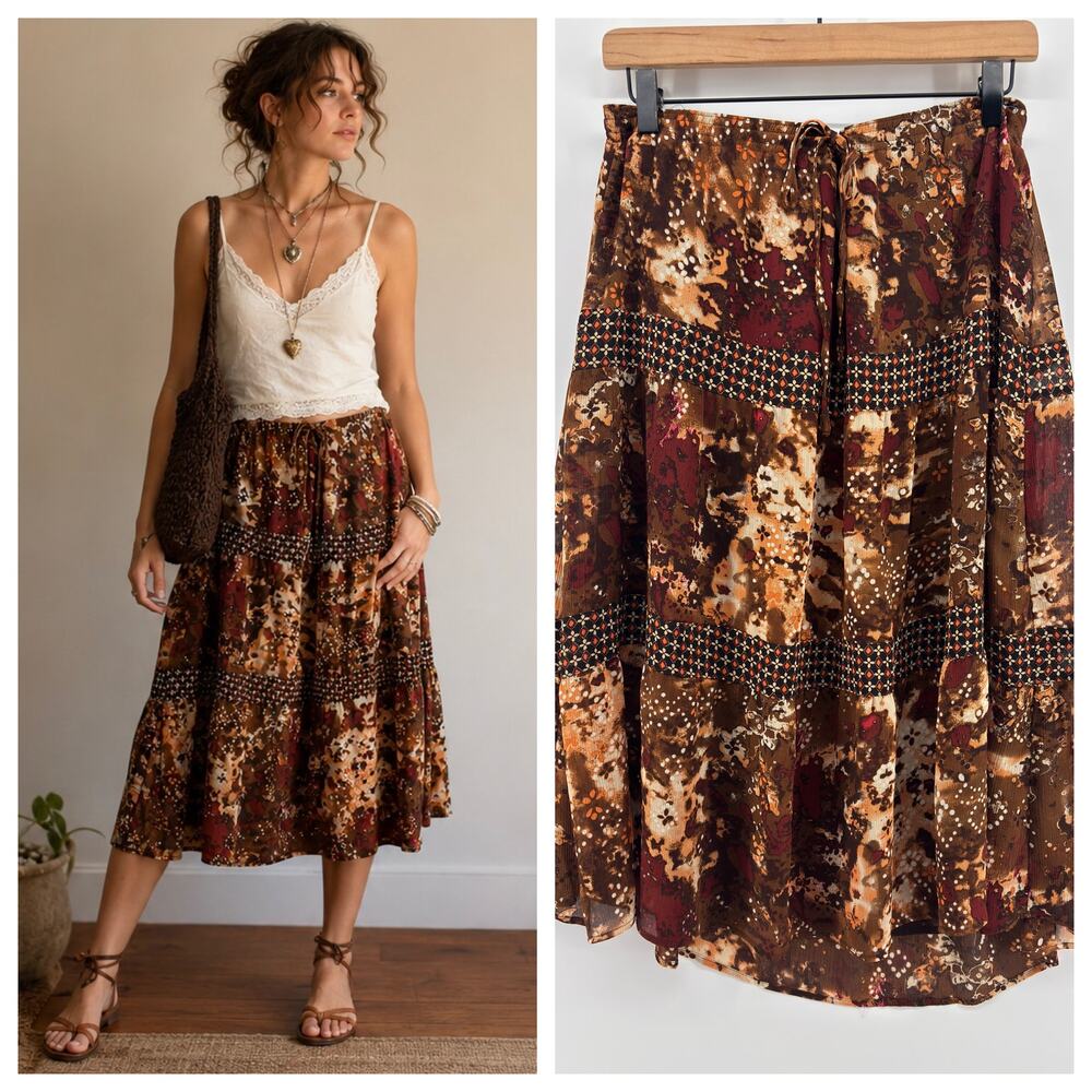 Vtg Patchwork Dark Romantic Boho Midi Skirt 14P Floral Hippie Cabincore Artsy